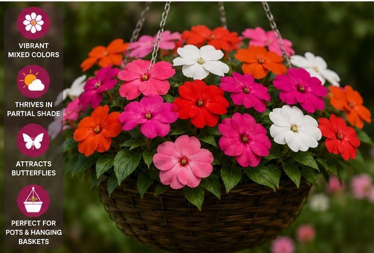 Impatiens Flower Seeds | Mixed Color Busy Lizzie Flower Seeds | Premium Non-GMO Annual Flower Seed | Easy to Grow for Home Garden, Balcony, Shade Garden, Hanging Baskets & Pots | Approx. 100+ Seeds - Image 2