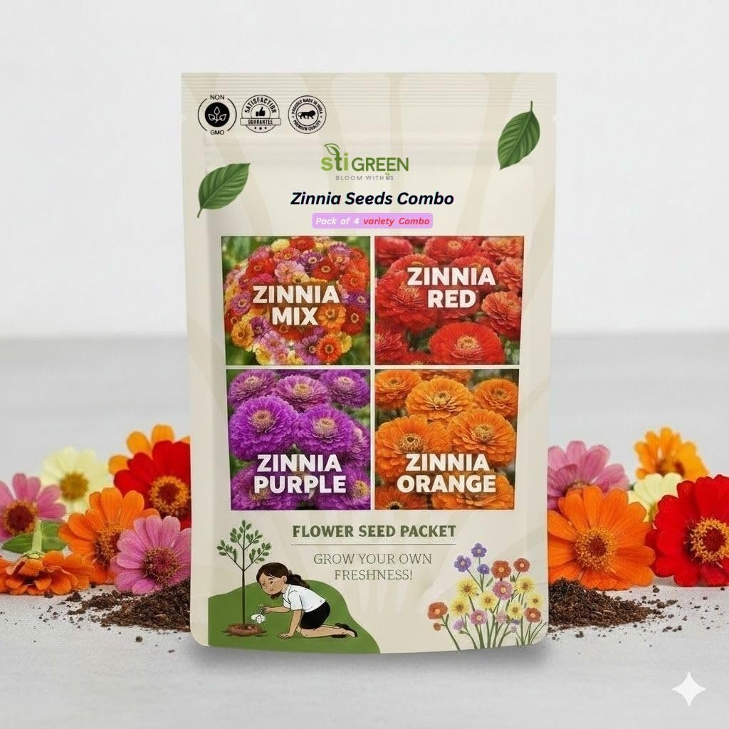 Zinnia Flower Seeds - Premium 4-Variety Mix (Red, Purple, Orange & More) | Vibrant Zinnia Seeds Mix Colour Hybrid for Gardens | Ideal Flower Seed Varieties for Outdoor Annual Blooms