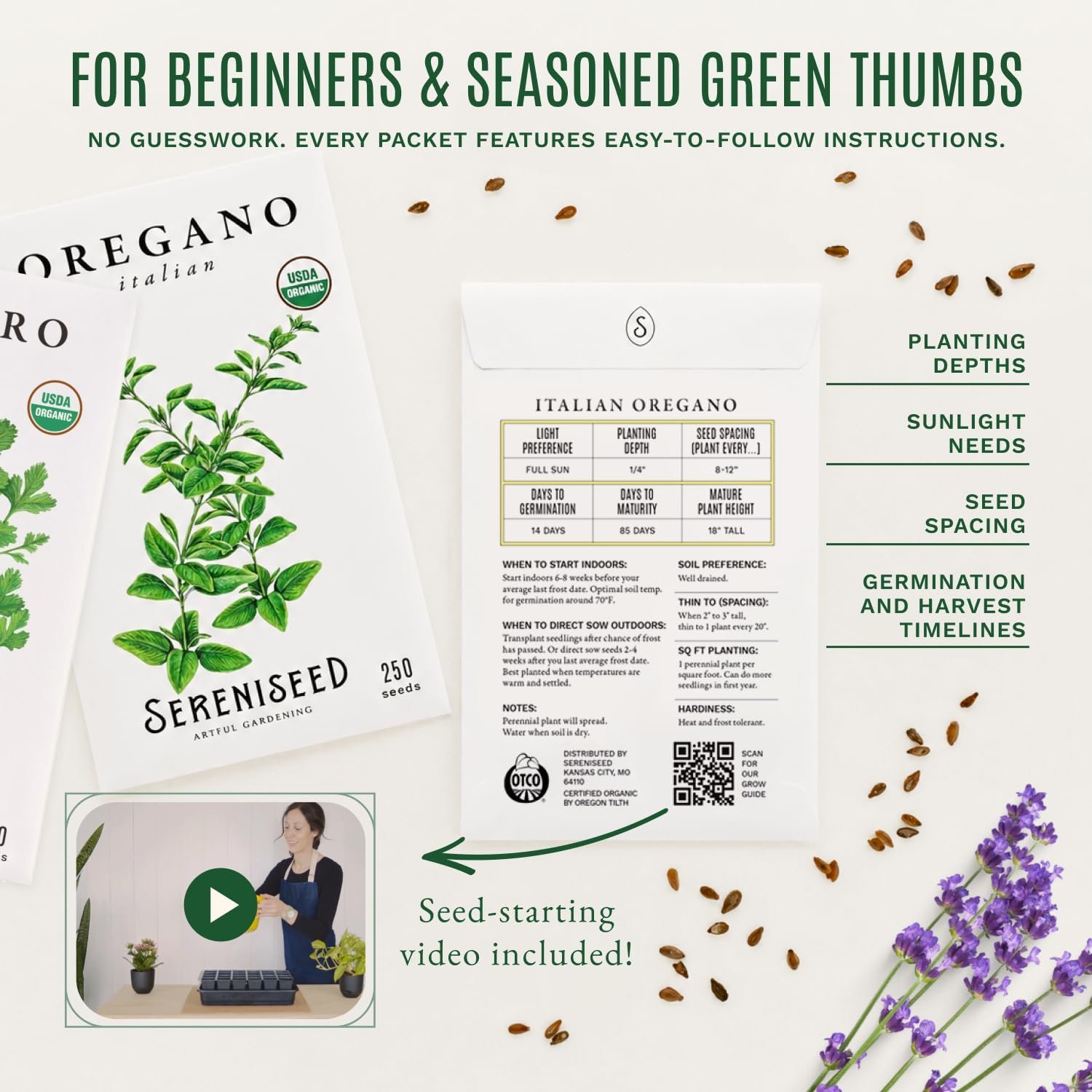 Certified Organic Herb Seeds (Pack of 10) - GMO, Heirloom - Seed Start Video - Basil, Coriander, Oregano, Thyme, Parsley, Lavender, Chives, Sage, Dill Seeds for Indoor and - Image 4
