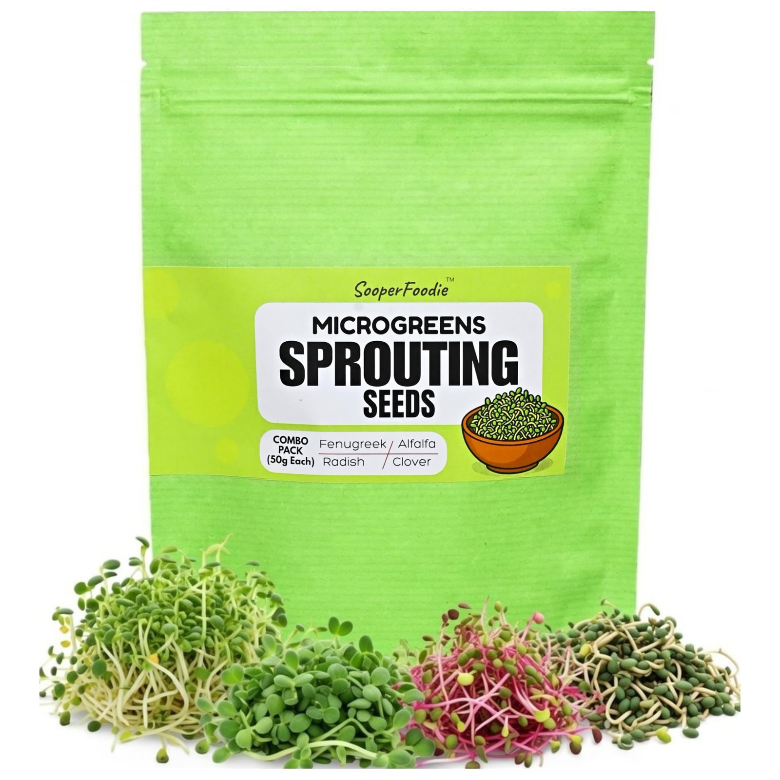 Microgreen Seeds 4-in-1 Combo Pack (200g) | Alfalfa, Clover, Radish & Fenugreek Seeds 50g each | Chemical-Free | Home Sprouting seeds | WITH INSTRUCTION MANUAL