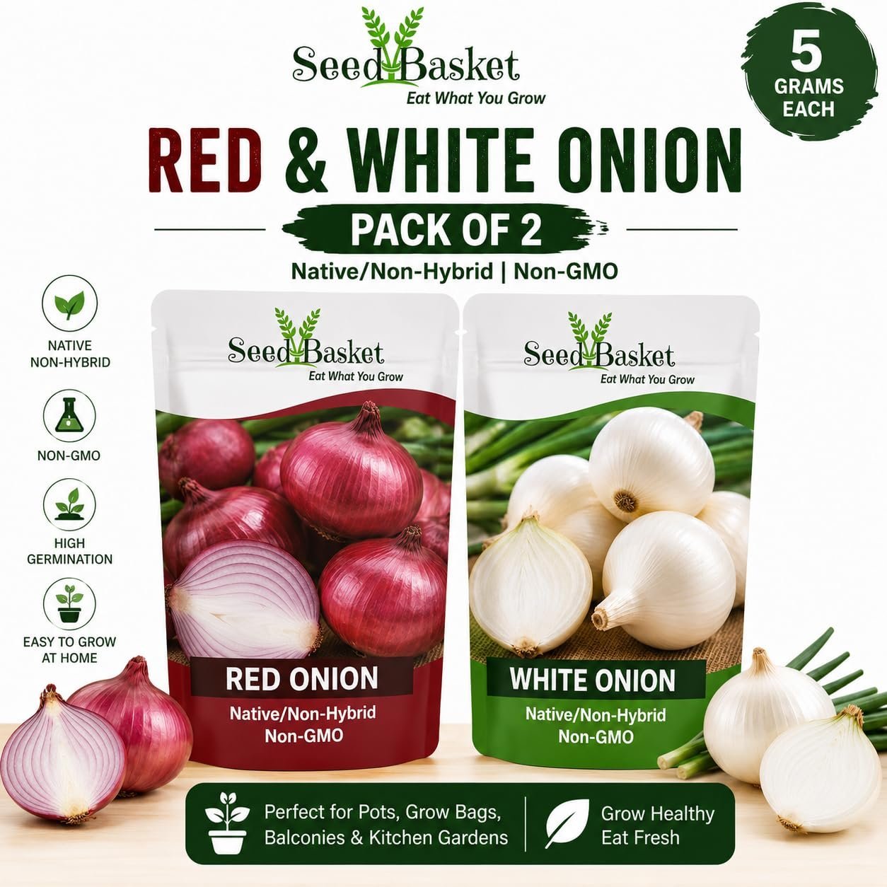 SeedBasket Red & White Onion Seeds Combo Pack of 2 (5g Each) | Native/Non-Hybrid | Non-GMO | Vegetable Seeds for Home Gardening, Kitchen Garden, Terrace & Balcony - Image 2