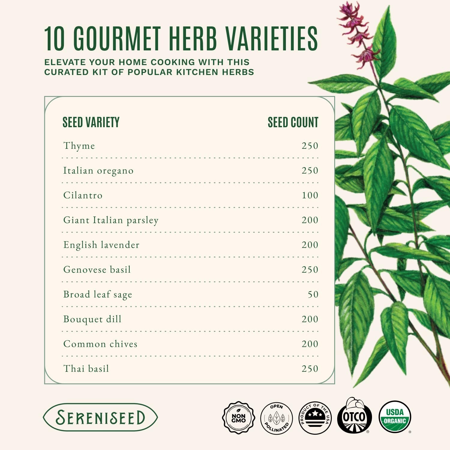 Certified Organic Herb Seeds (Pack of 10) - GMO, Heirloom - Seed Start Video - Basil, Coriander, Oregano, Thyme, Parsley, Lavender, Chives, Sage, Dill Seeds for Indoor and - Image 2