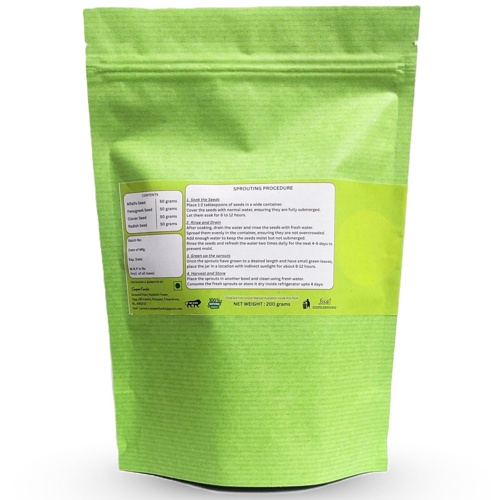 Microgreen Seeds 4-in-1 Combo Pack (200g) | Alfalfa, Clover, Radish & Fenugreek Seeds 50g each | Chemical-Free | Home Sprouting seeds | WITH INSTRUCTION MANUAL - Image 6