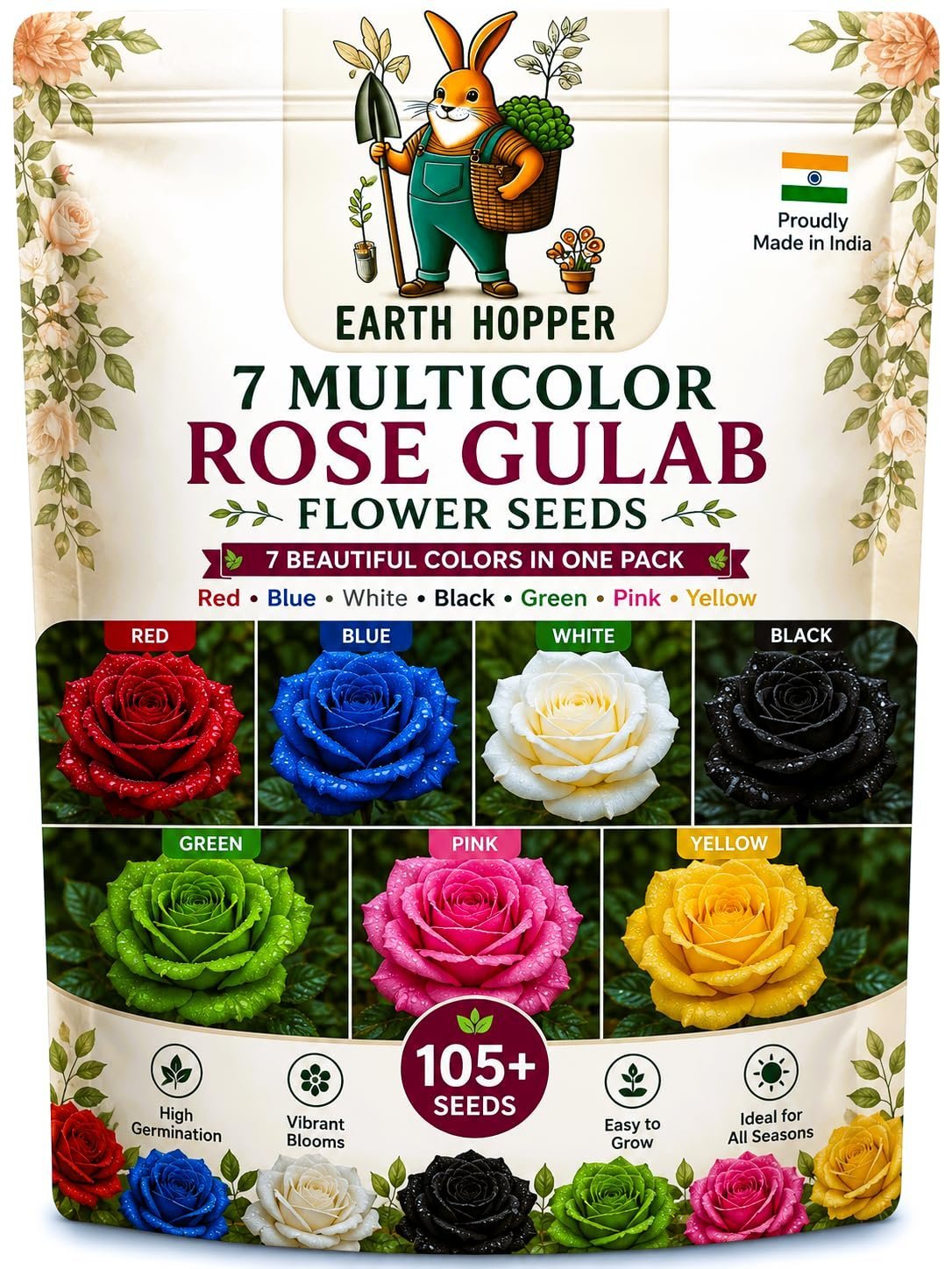7 Multicolor Rose Gulab Flower Seeds, 105+ Seeds (Red, Blue, White, Black, Green, Pink, Yellow 15+ Pcs, Each) - Image 2