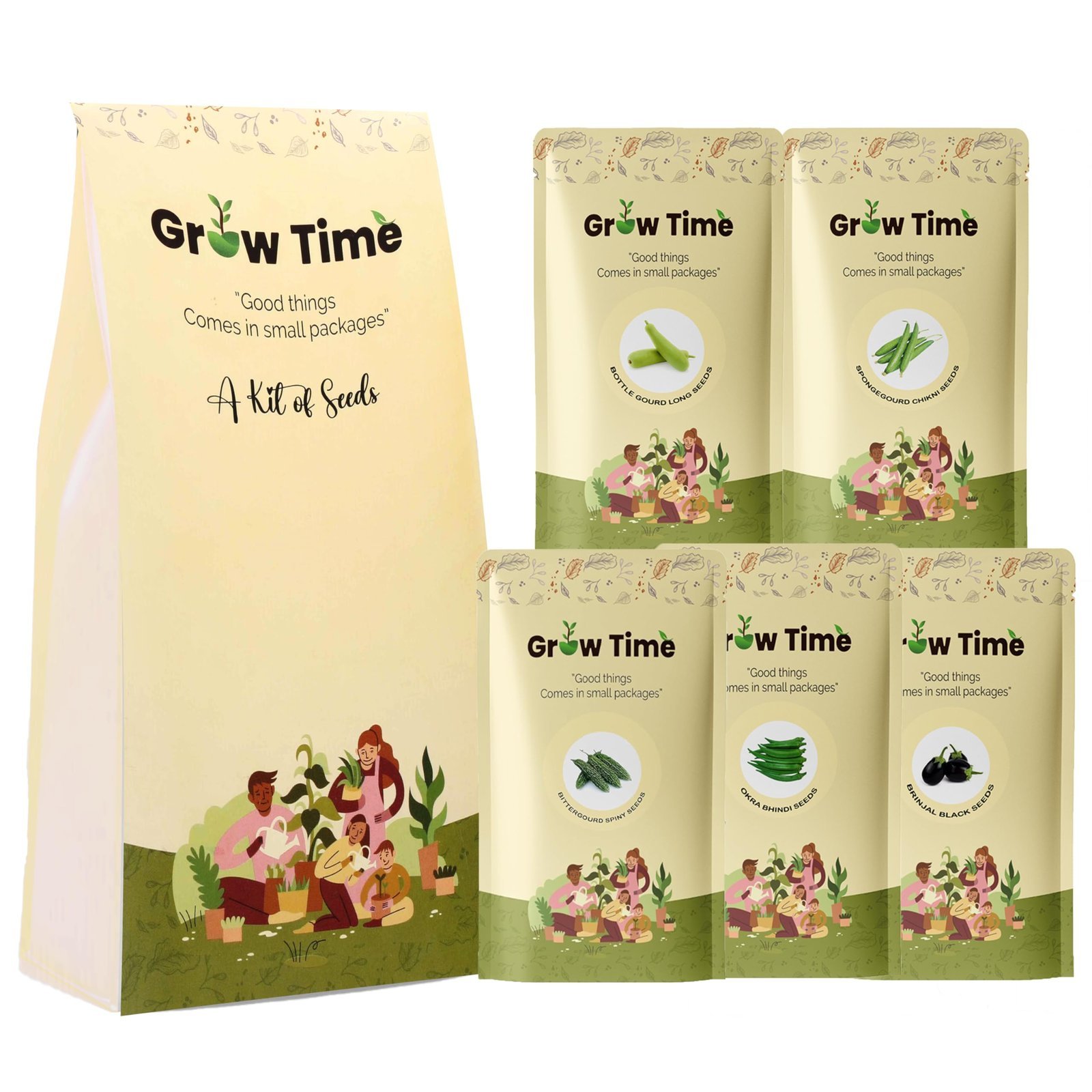 Summer Vegetable Seeds Kit Pack of 5 (Bottle Gourd Long, Spongegourd Chikni, Bitter Gourd Spiny, Okra (Bhindi) Green & Brinjal Round) + Free Coir Seed Germination Kit - 4 Pcs - Image 2