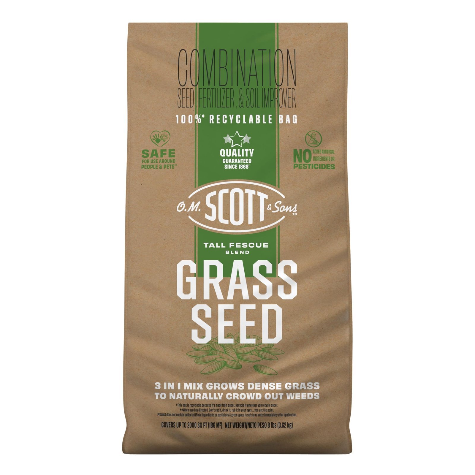 O.M. Scott and Sons Tall Fescue Blend Grass Seed, Fertilizer and Soil Improver, Naturally Crowds Out Weeds, Covers Up to 2,000 sq. ft., 8 lbs.